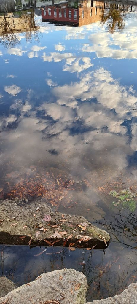 A blue sky with white clouds reflected in water