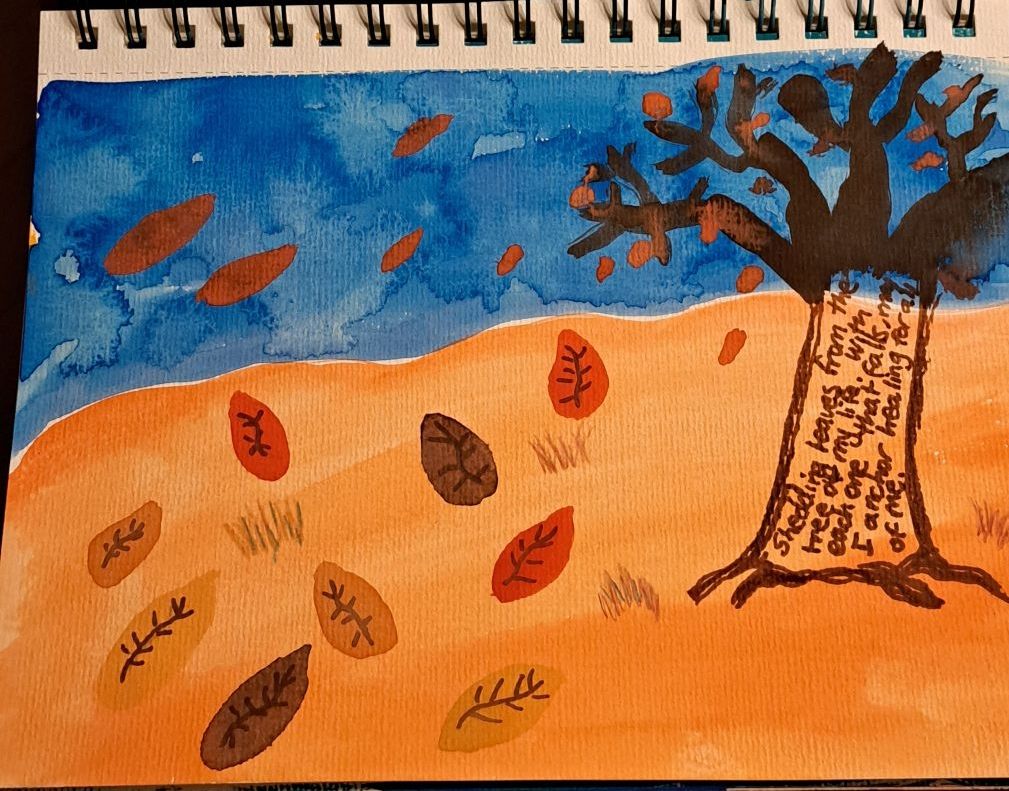 A water color painting of leaves falling off a tree, with healing words written in the trunk.