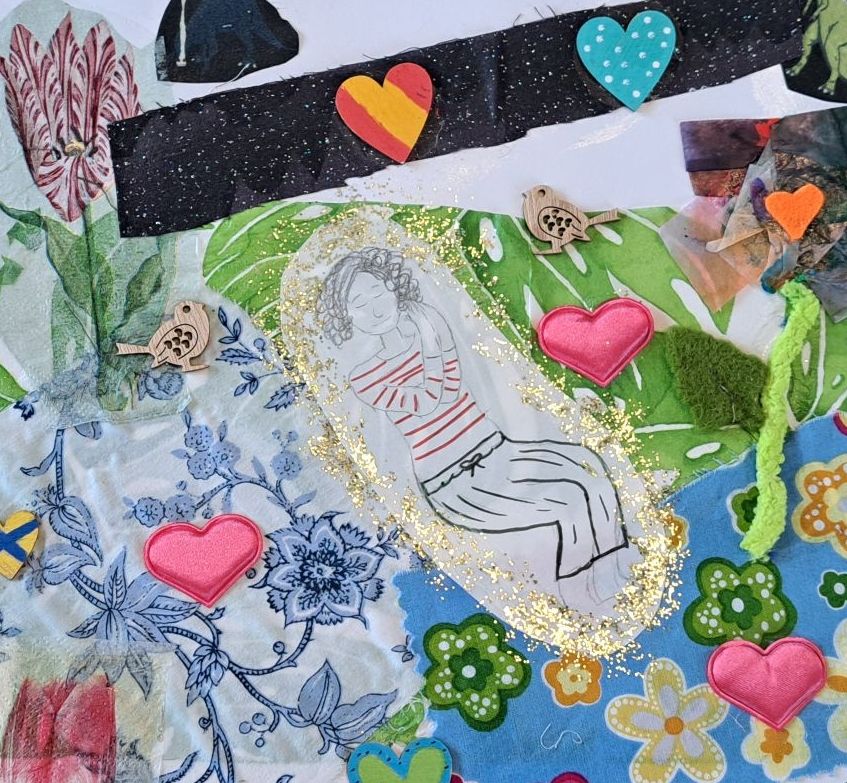Mixed media art, with a pencil and marker drawing of a sleeping woman, surrounded by colorful fabric in soothing colors, wooden birds, puffy pink hearts.