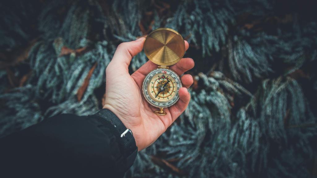 A hand holding a compass with a bronze colored lid.