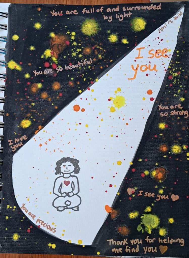 A black painting with splashes of colors, with a light shining through the dark to illuminate a calm, meditative Bradlee