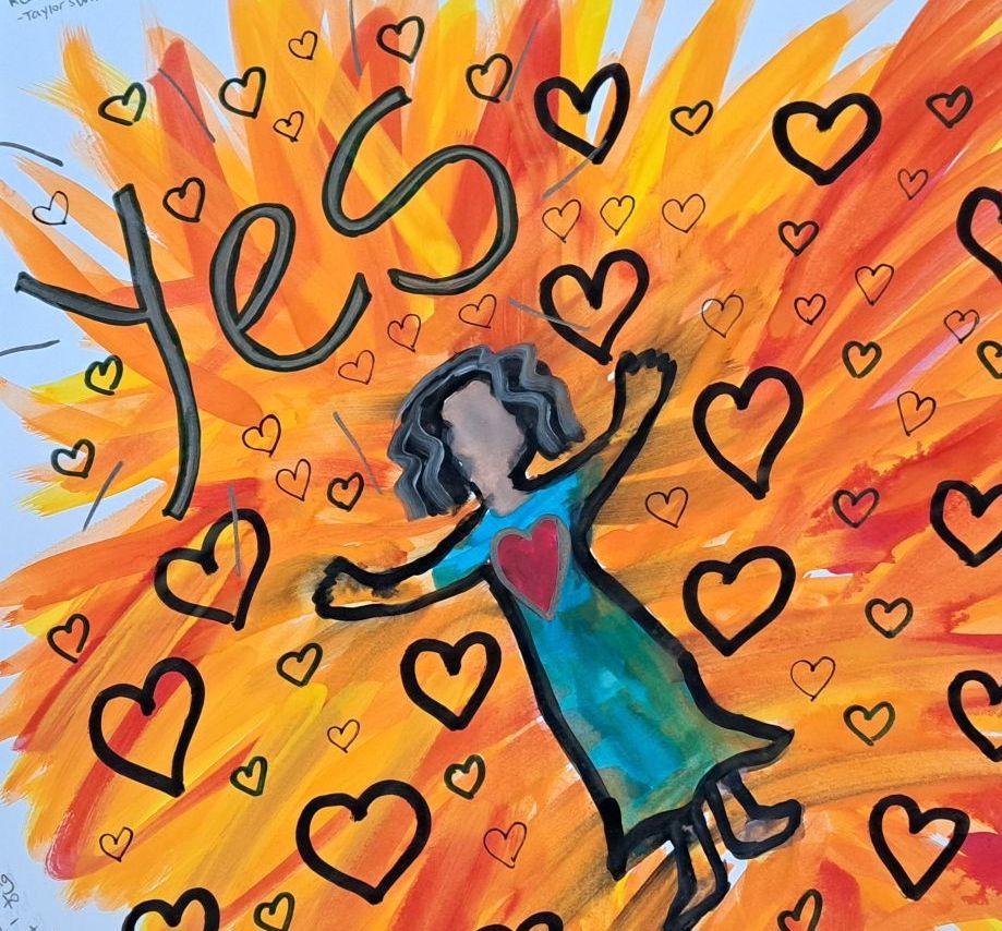 Painting with red, yellow and orange flames in the background with a woman in a blue dress with her arms open on top of the flames, with a big YES above her and black hearts all around her.