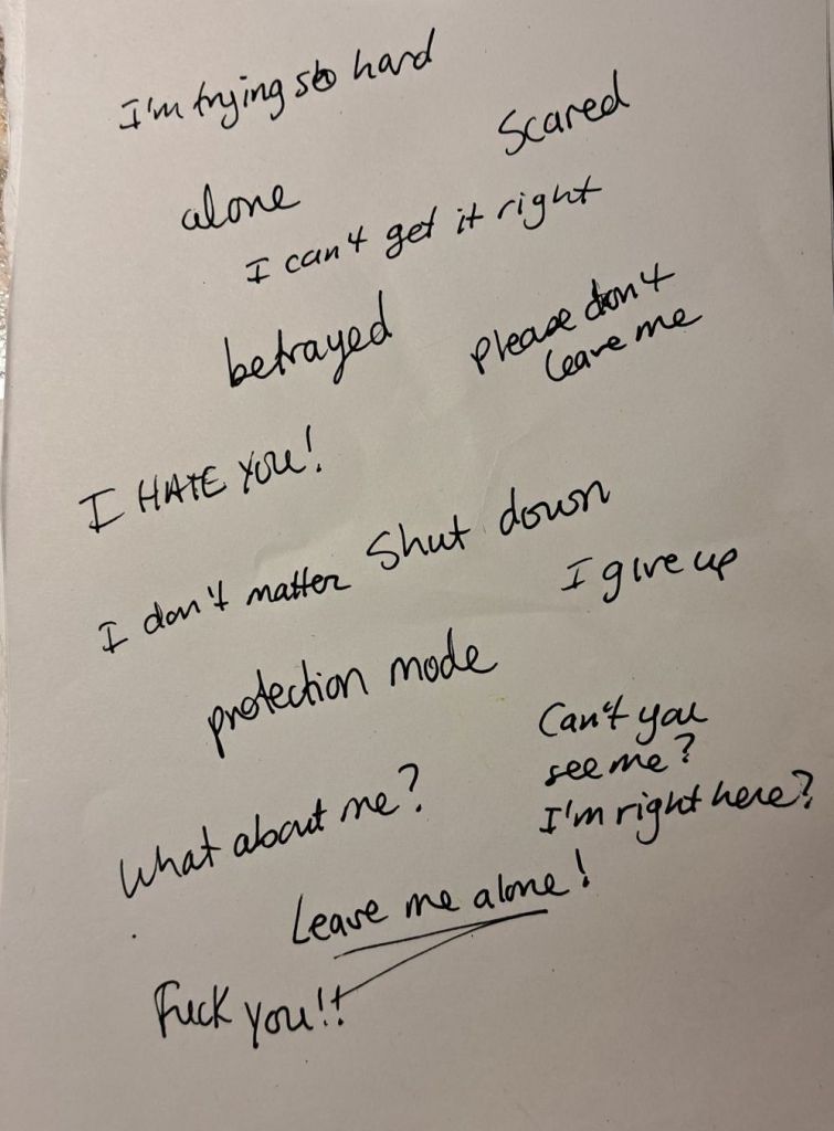 Words on a white piece of paper, such as scared, I am trying so hard, etc.