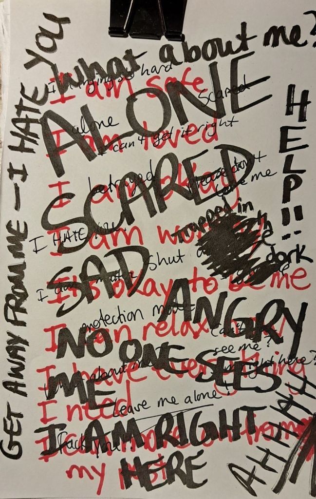 The same paper with big, black bold words, such as scared, I hate you.