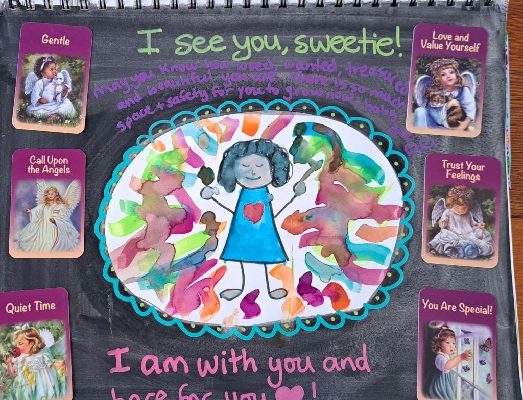 An art therapy piece with a painting of a young Bradlee with colors all around her and supportive words