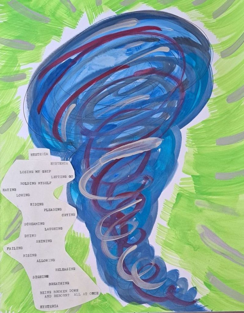 A colorful vortex surrounded by bright green and silver light, with a type written poem on the left hand side.