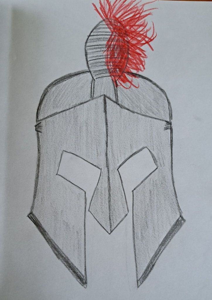 Drawing of a knight's helmet in silver